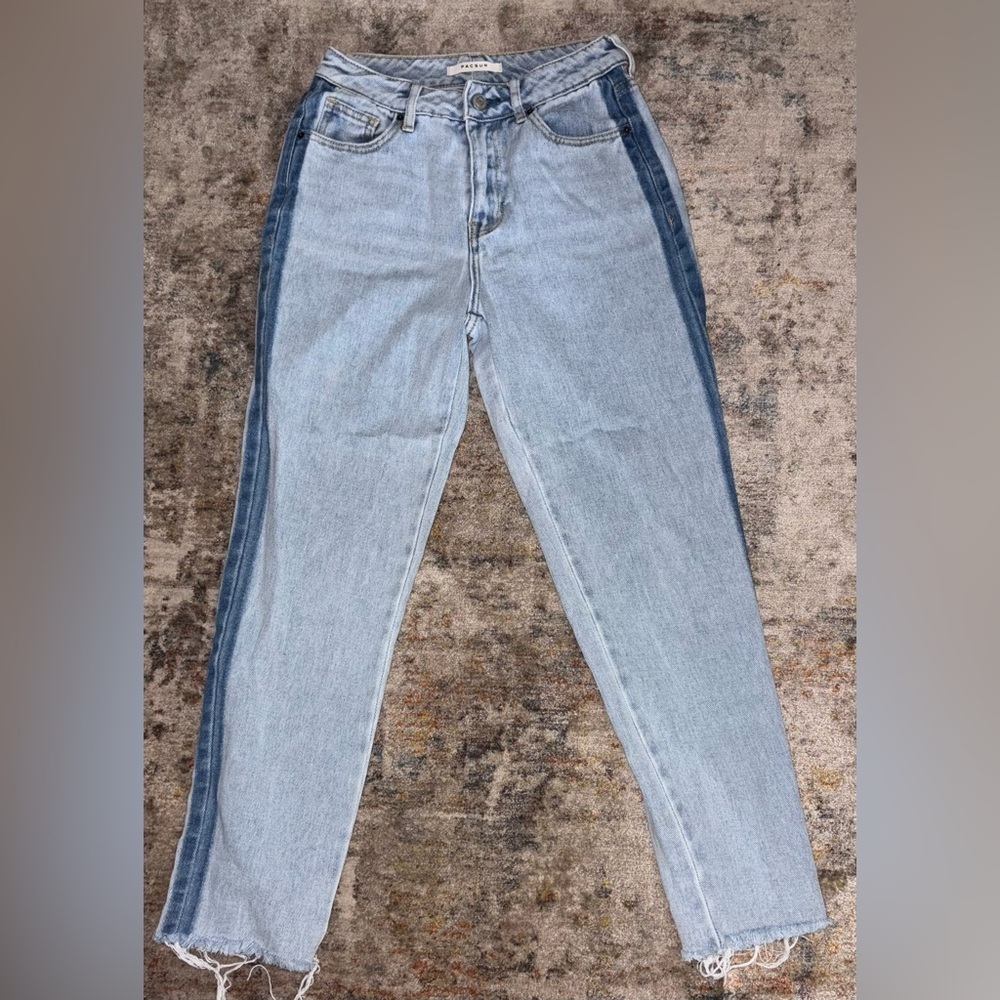 PacSun Two Toned Mom Jeans Blue Colorblock Boho Retro Y2K Frayed Womens Size 24 - Picture 3 of 8